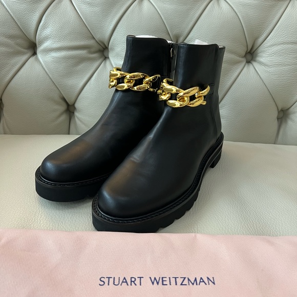 New Stuart Weitzman Black Boots Metal Chain 7.5 Lift Bootie - Picture 6 of 10